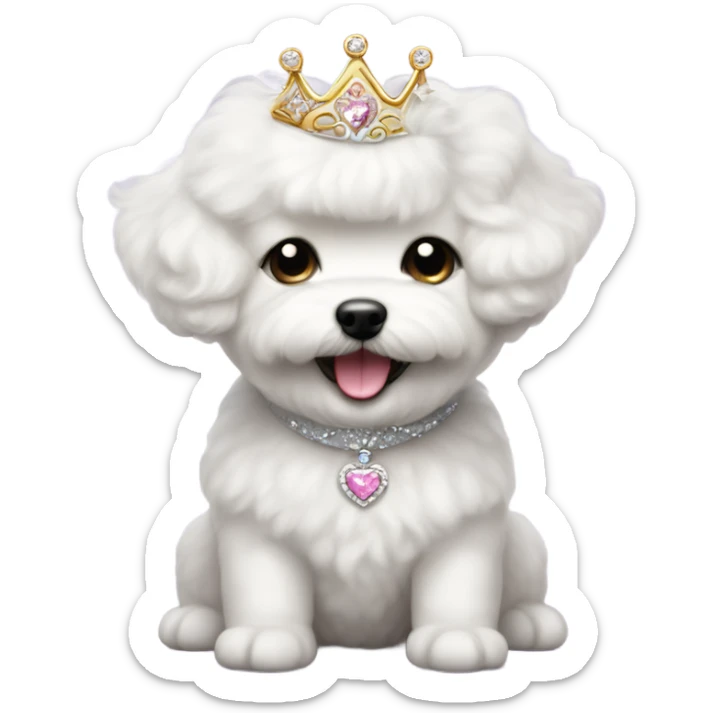 A happy, cute and fluffy Bichon Frise puppy wearing a princess tiara  sticker