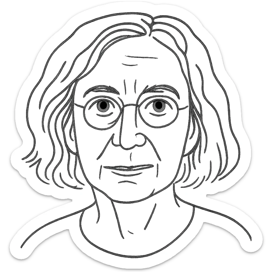 a hand drawn black outline portrait of philosopher Catherine Larrère with similar-sized eyes based a famous portrait of her sticker