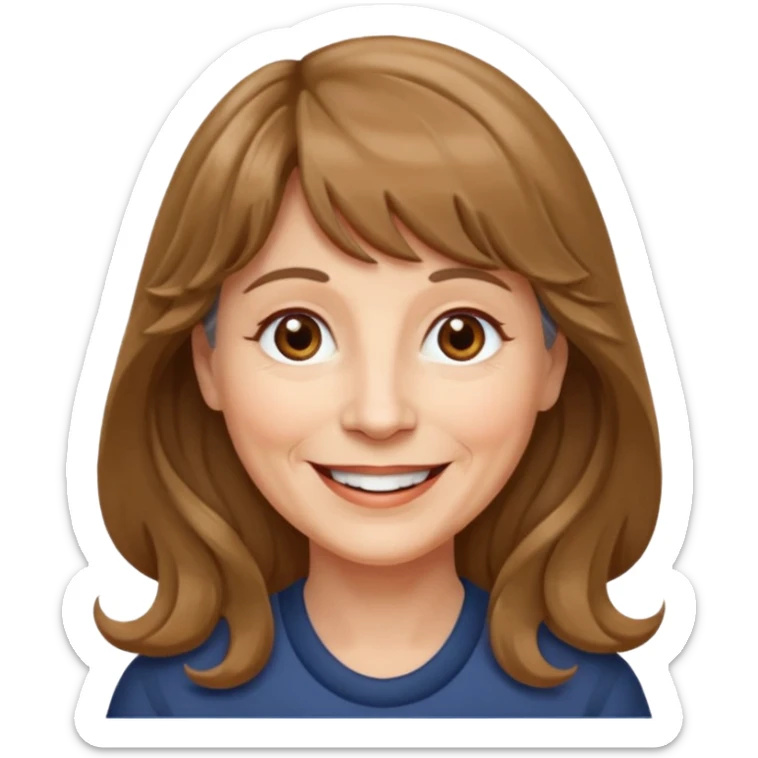 60 yr old woman, very small brown eyes, long wavy light brown hair, bangs,  sticker