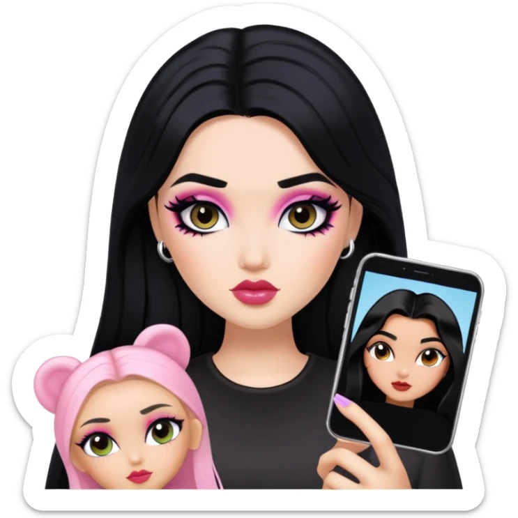 gothic style, black hair, pretty makeup, pretty bratz baddie sticker