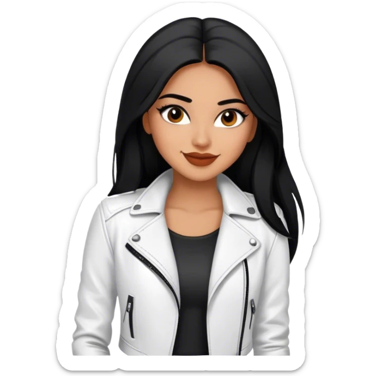 beautiful fit woman, with long straight black hair, with make up, black eye liner, smile mooth close, mexican, brown skin, wearing casual white outfit and leather black jacket, flirting sticker