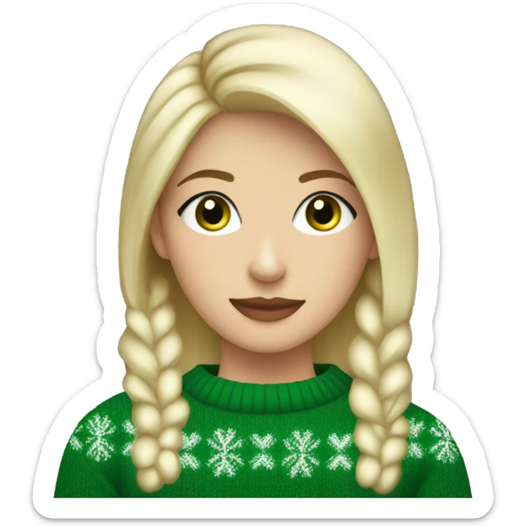 Short haired blonde girl with green eyes drinking coffee wearing Christmas sweater sticker