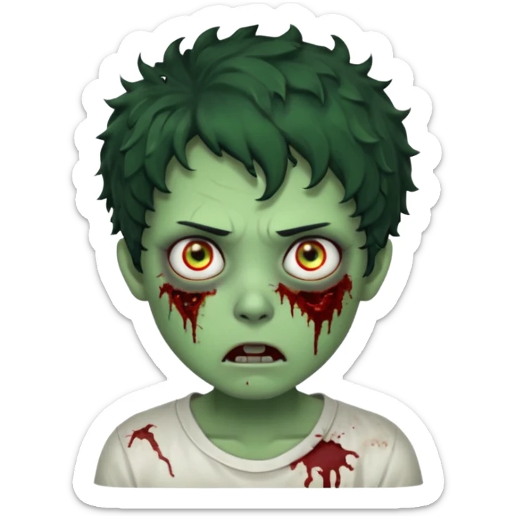 zombie character with green skin, messy short curly black hair, and no glasses. Give him large expressive eyes, a slightly frightened or eerie expression, subtle wounds, dark under-eye shadows, and a few cracks or dried blood marks on the face.  white shirt and without bleeding eyes **BLACK HAIR** sticker
