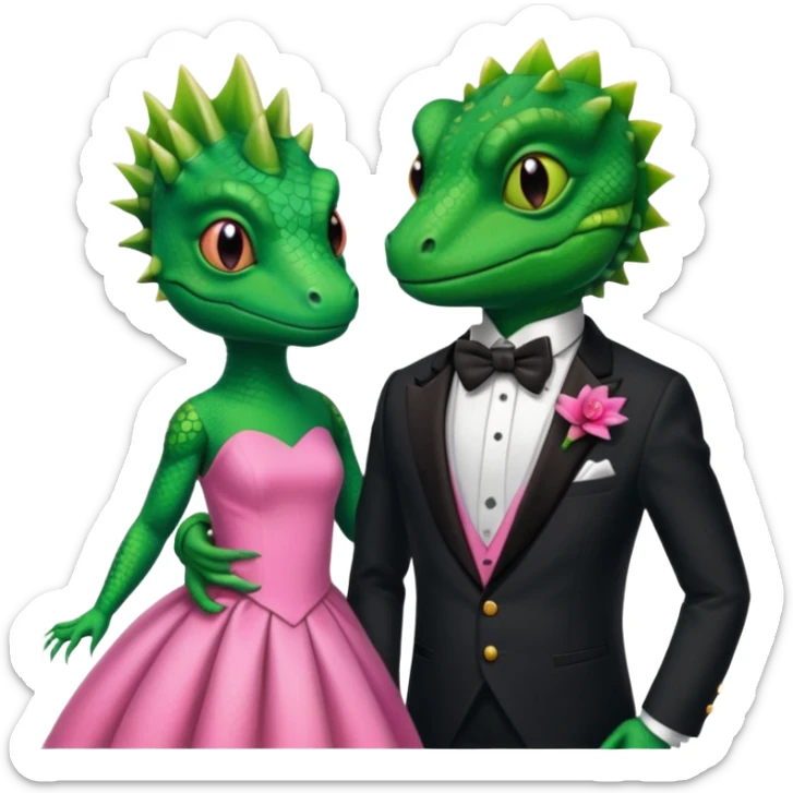 Lizard wears a cute pink dress with her lizard man wears tux sticker