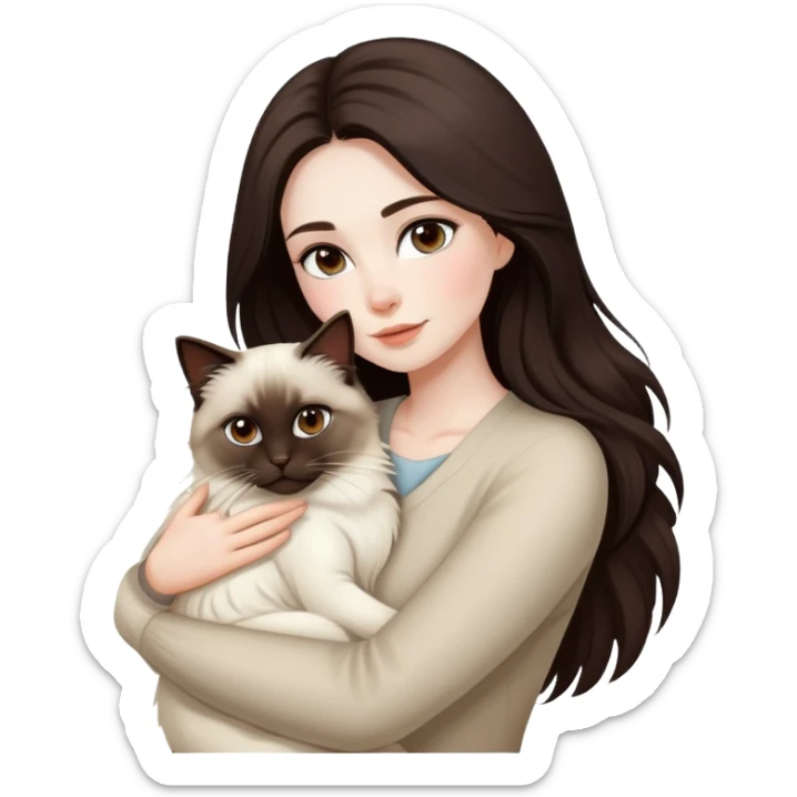 Beautiful woman long dark brown hair, pale skin, dark brown eyes,  hug birman cat sticker