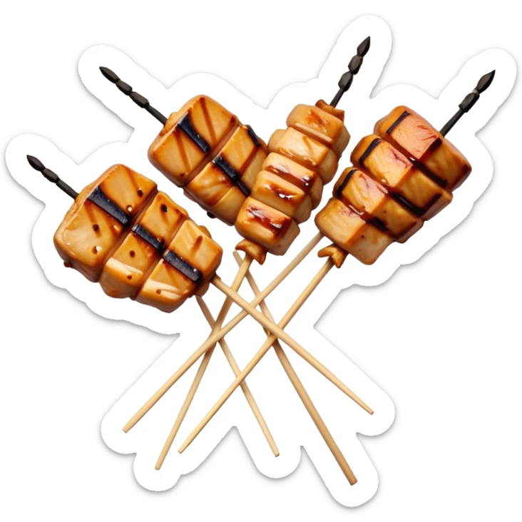 Cinematic Realistic Yakitori Dish Emoji, depicted as skewered, grilled chicken pieces with a charred finish rendered with crisp textures and appetizing, natural lighting. sticker