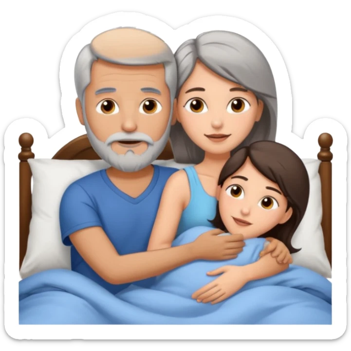 Man with grey hair and beard, and beautiful brunette woman in bed in spooning position  sticker