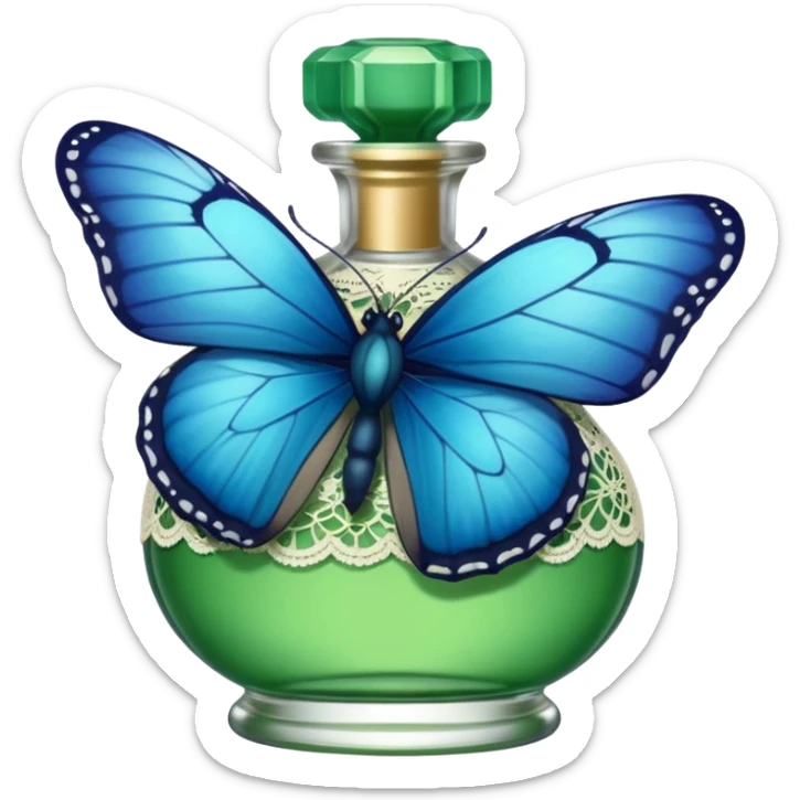 small blue butterfly sitting on the rim of a lace-edged green perfume bottle sticker