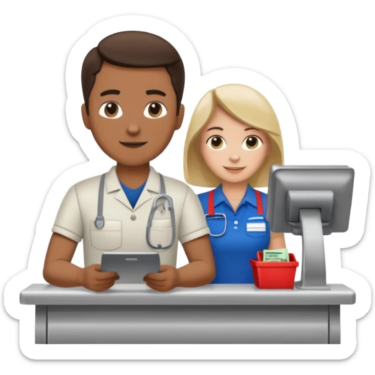 Supermarket employee at a cash register, full body, serving a man sticker