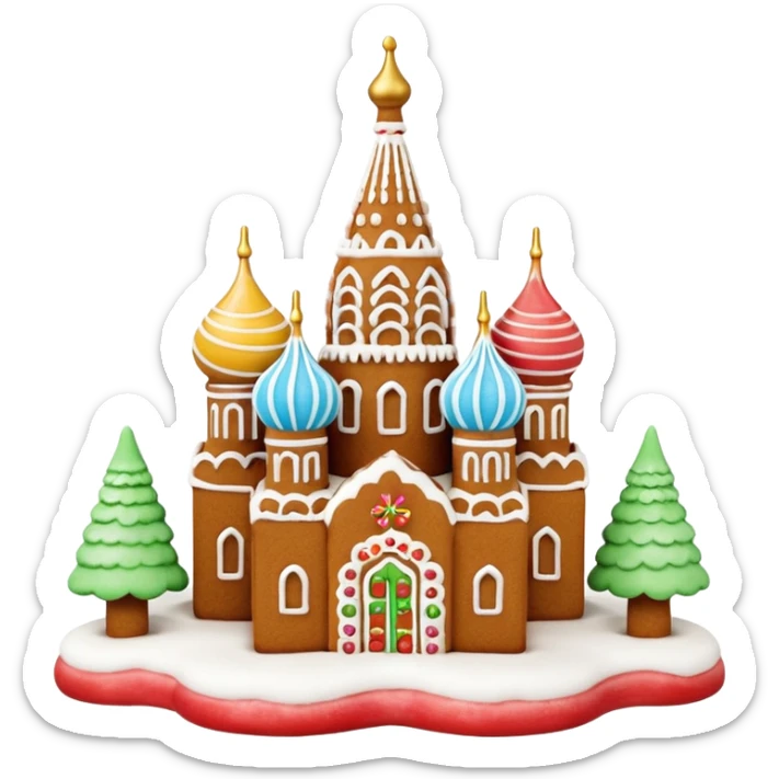 Apple style 3D emoji of a gingerbread house shaped like Saint
Basil's Cathedral. Detailed icing patterns, colorful candy domes, dusting of powdered sugar as snow. Warm cookie texture, cute 3D render, isolated on a white background, festive look. sticker
