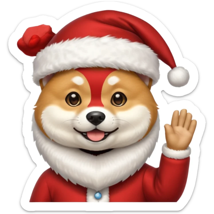 shiba inu wearing santa hat with grey beard like santa waving hi sticker