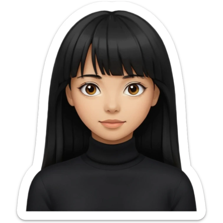 Photograph of a young woman with long, straight black hair and bangs, wearing a black turtleneck sweater. sticker