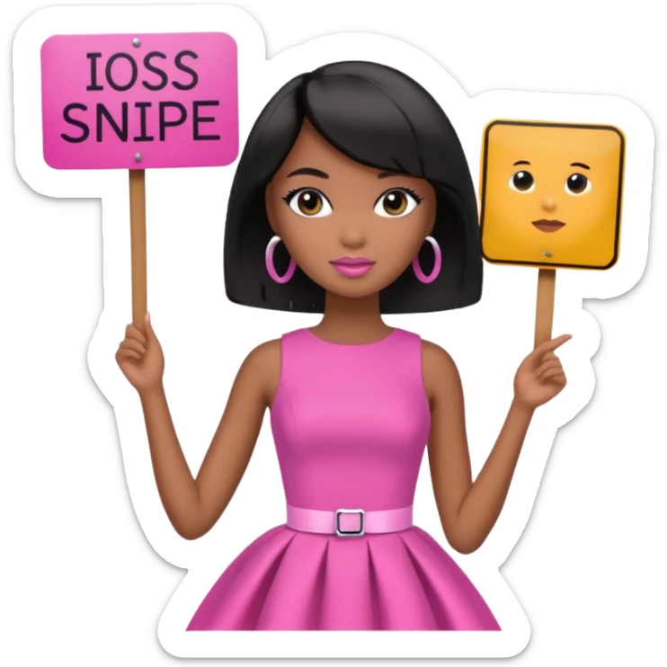 Black barbie, short  black bob  hair, pink dress with a sign that says snipe sticker