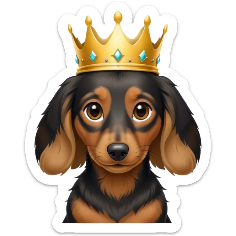mini long haired dachshund with black fur and light brown ears with a gold crown sticker