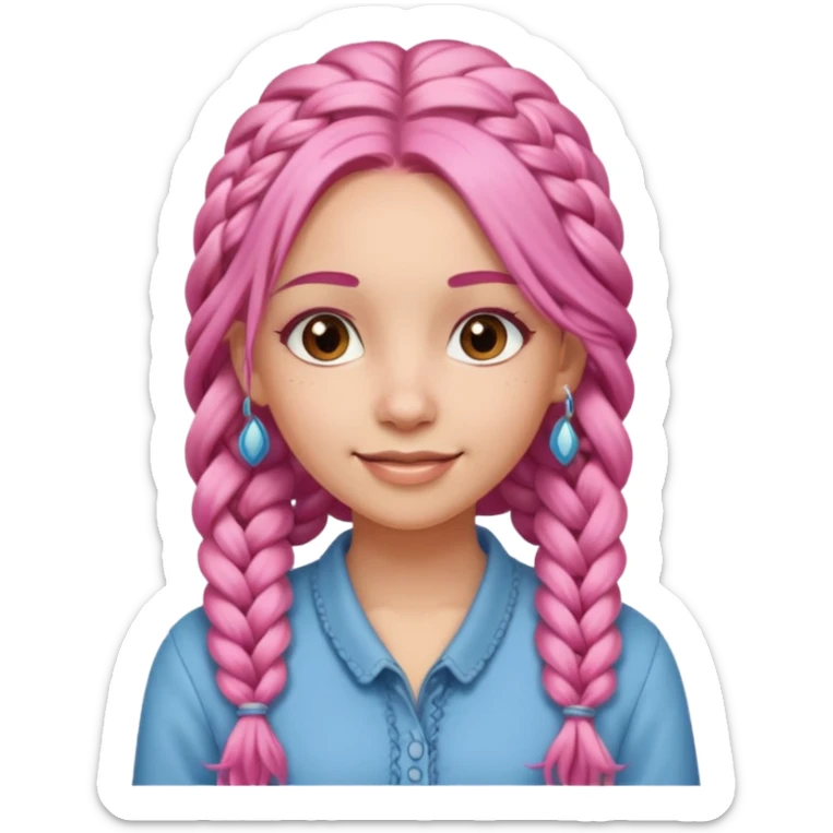 A light-skinned woman with long pink hair styled in braids, brown eyes, and a gentle smile. sticker