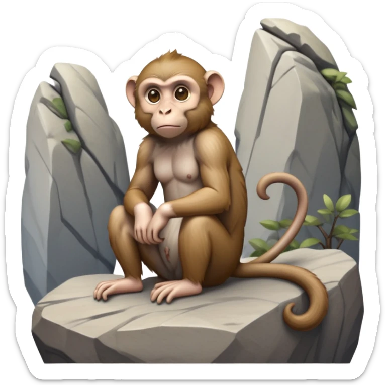 cinematic-elegant macaque-realistic-full-body-sitting-emoji,-compact-muscular-frame-poised-on-a-rocky-outcrop,-short-curled-tail-resting-behind,-head-tilted-dramatically,-thick-dense-fur-in-warm-shades-of-brown-and-grey,-expressive-eyes-filled-with sticker