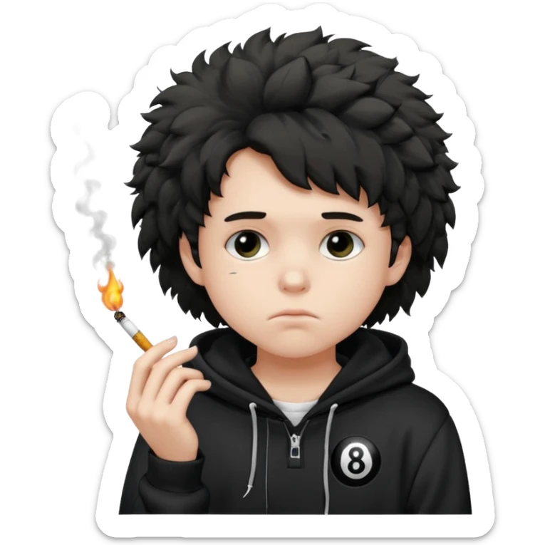 A sad teenager with fluffy hair in a black 8 ball hoodie smoking a ciggarete  sticker