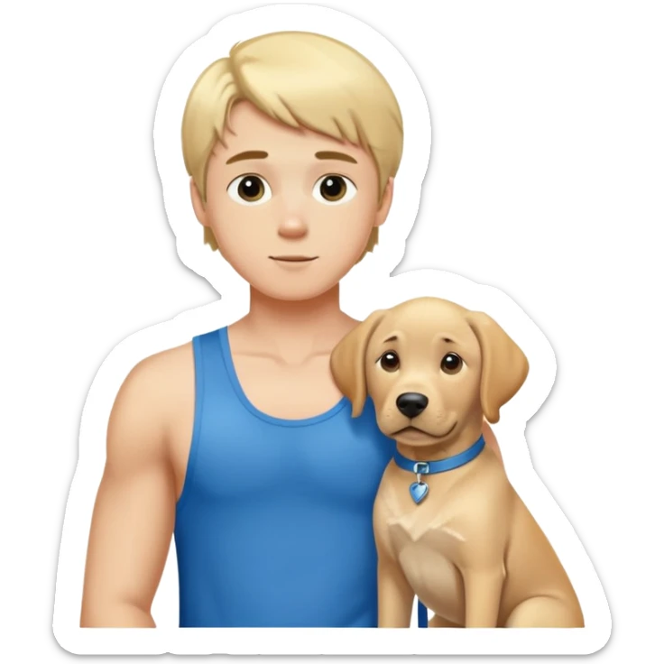 A blond boy in a sexy blue singlet with a picture of a Labrador sticker