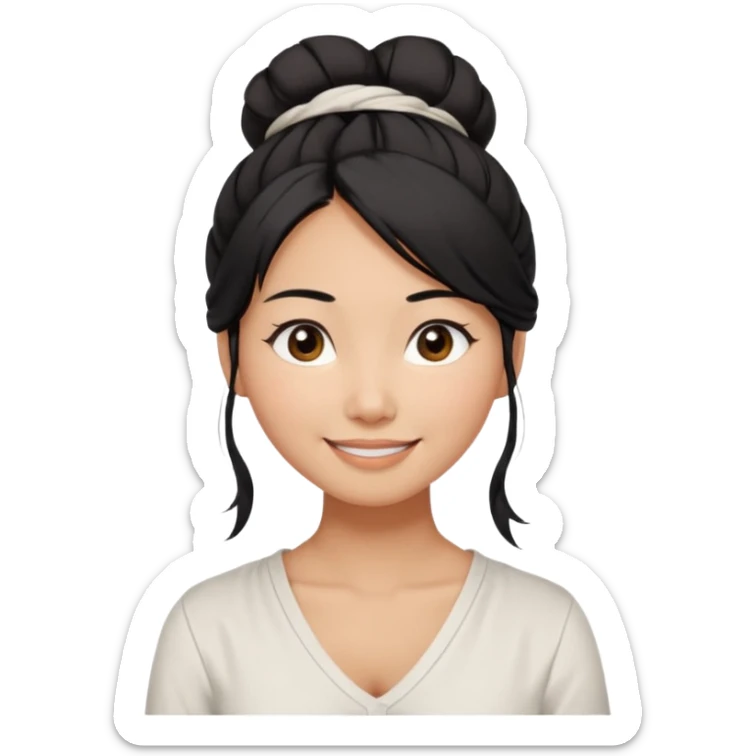 medium tan asian woman with long black hair tied 1 messt bun on top of head,  round brown eyes, white v neck blouse. shes smiling and friendly. sticker