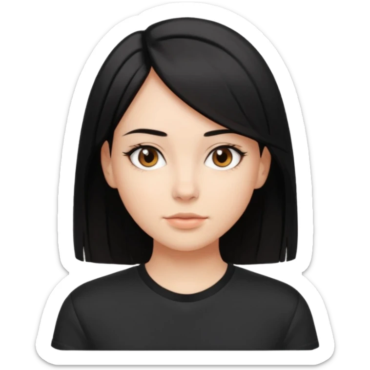Make a girl with jet black hair that is straight  and length till shoulders| brown eyes | oval head| an aesthetic style| sporty shirt sticker