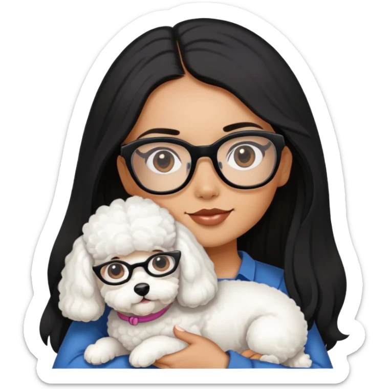 A girl with long black hair and glasses holding a bichon and a white devon sticker