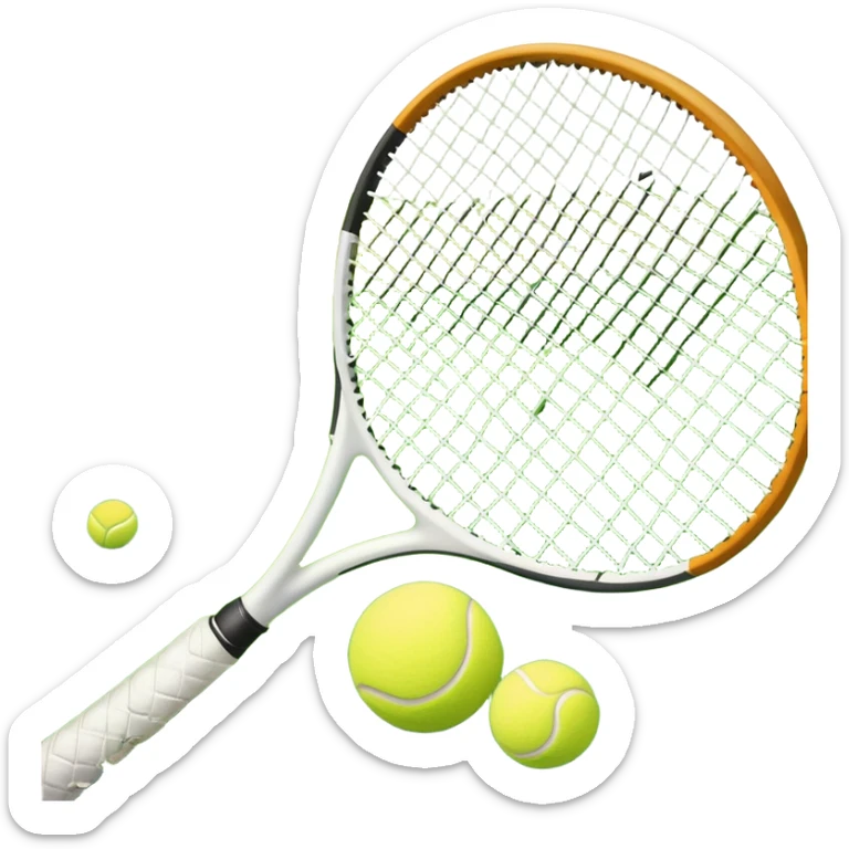 A tennis racket and a ball placed on a grassy court, with the net visible in the background. The scene captures the elegance and energy of the sport, with a vibrant green court and soft sunlight highlighting the equipment. sticker