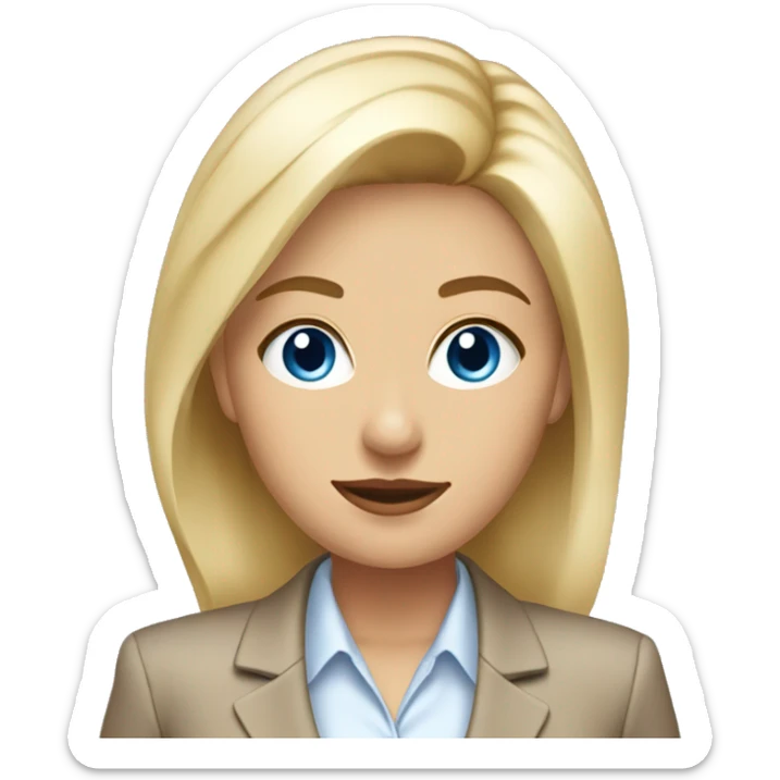 Young business women, with blond hair and blue eyes wearing a tan suit sticker