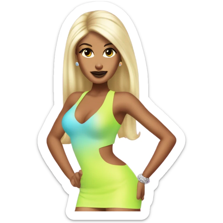 Tanned woman with long black hair, dressed in y2k Paris Hilton hair, makeup, and neon attire sticker
