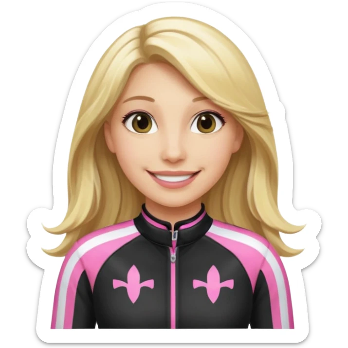 blonde long hair woman with black racing outfit with pink strips sticker
