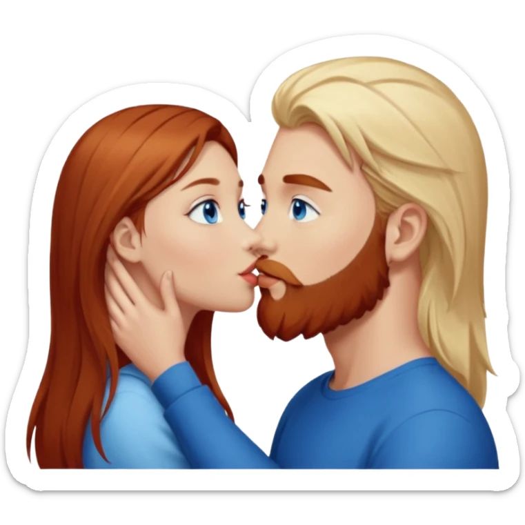 Long-pale-blonde hair, beautiful girl with blue eyes facing, kissing reddish-brown hair-beard boy blue eyed white guy sticker