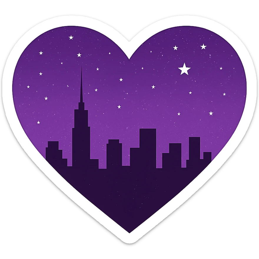 Change the heart with a city skyline at midnight to a purple night theme with a purple starry sky above and more stars. Remove the background entirely. sticker