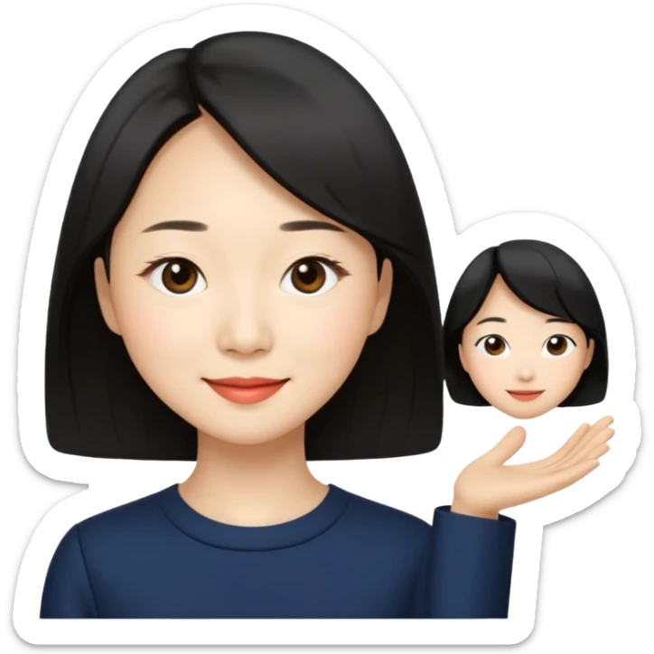 “Cartoon emoji of black hair Gong Hyo-jin, long narrow face, sharp jawline, small almond eyes, high nose bridge, elegant smile, minimal makeup, refined aura” sticker