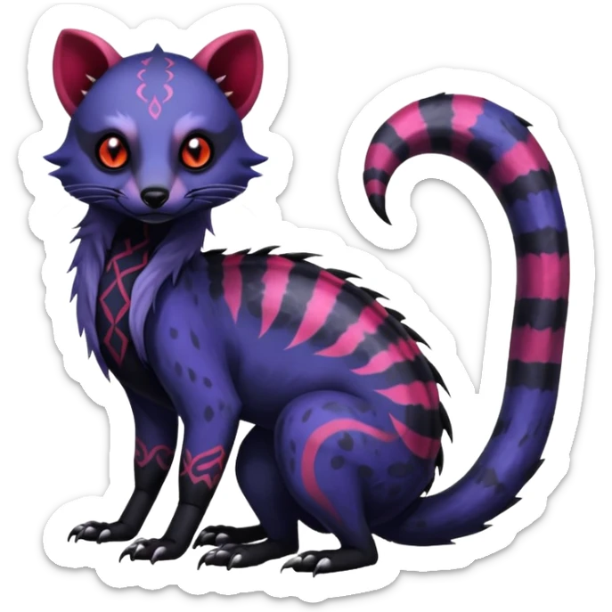 Rare warm-colored exotic gloomy tropical edgy cute epic aesthetic spooky indigo violet white black red gothic colorful Salandit-Civet-species-Fakemon-hybrid-creature, with tribal tattoo markings, full body sticker