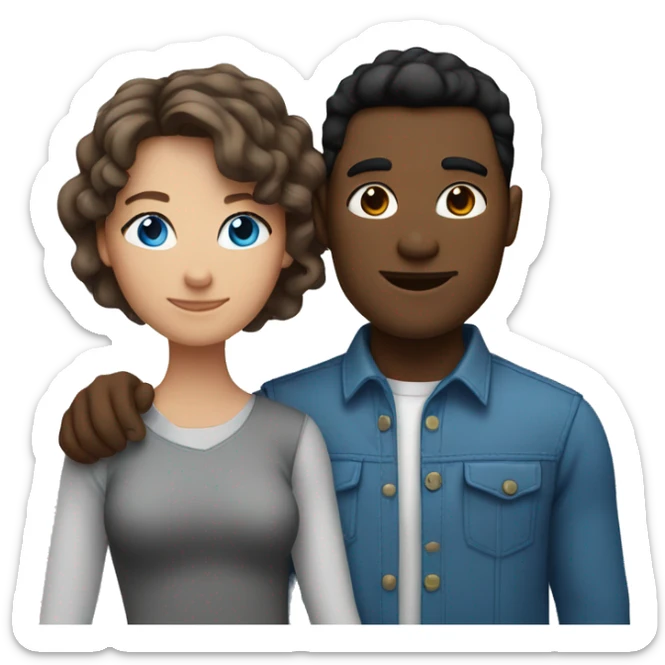 Couple with arms around each other. man with brown skin and black hair. white woman with brown hair and blue eyes  sticker
