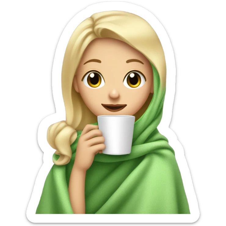 Blonde girl sipping coffee under blanket green eyes and rosy cheeks sticker