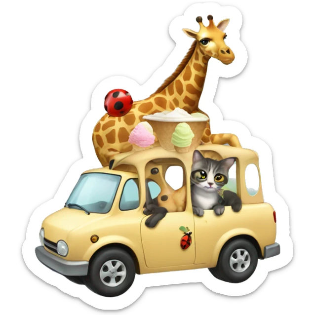 a cat riding a giraffe eating ice cream with a ladybug on top of the cat  sticker