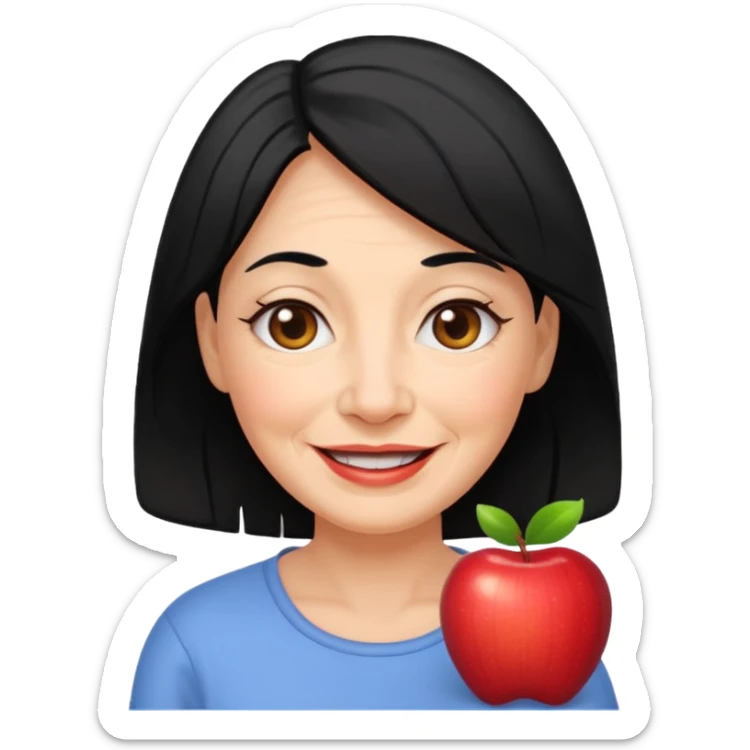 woman with wrinkles, black hair loose, cheerful expression, Apple emoji style sticker