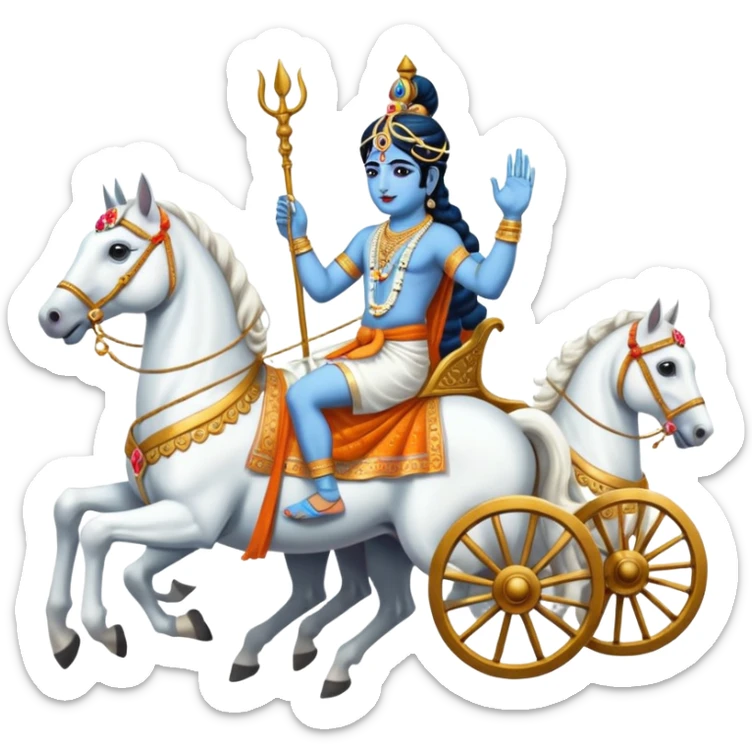 Lord Krishna driving a chariot ,seven white horses in front of the Chariot and Arjun riding the Chariot. sticker