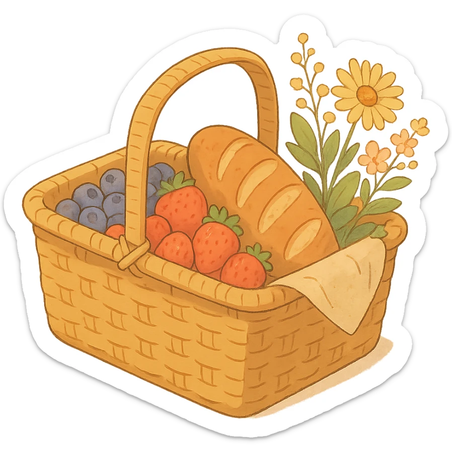 picnic basket with berries, bread, and flowers in warm pastel shades, soft Ghibli style sticker