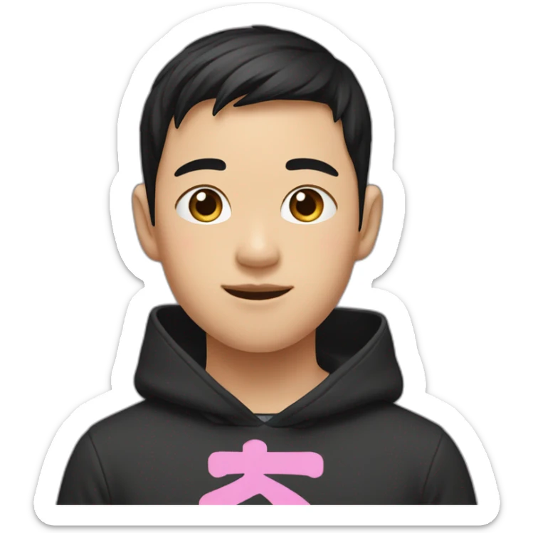 Asian boy, with black hair wearing a black hoodie with “ねこ” in pink lettering sticker