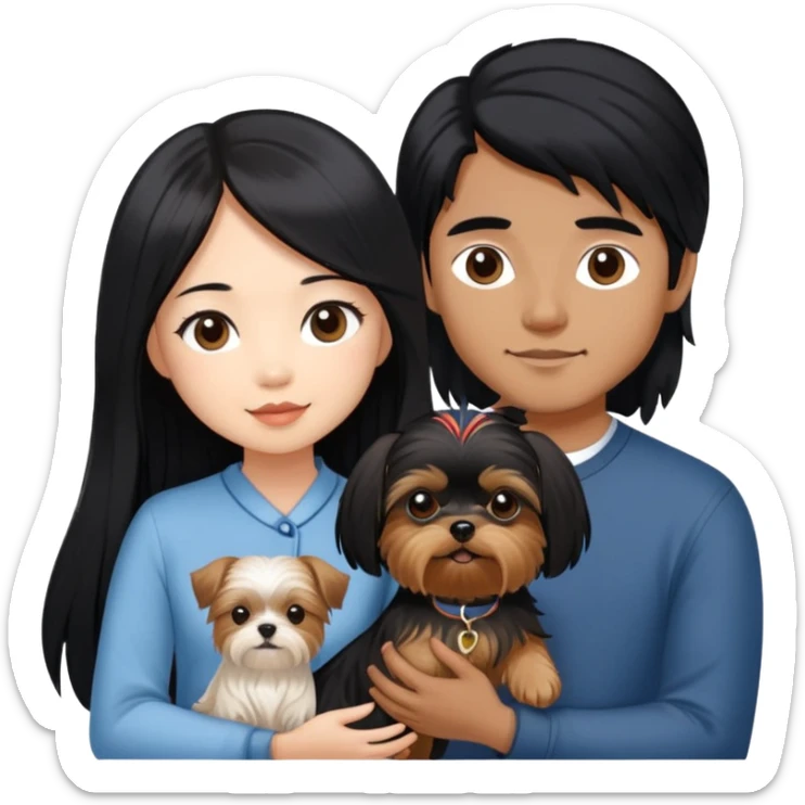 A beautiful Asian girl with long black hair is holding a Yorkshire Terrier. She is standing next to her brown skinned boyfriend, who is holding a Shih Tzu. They are each holding one dog each sticker