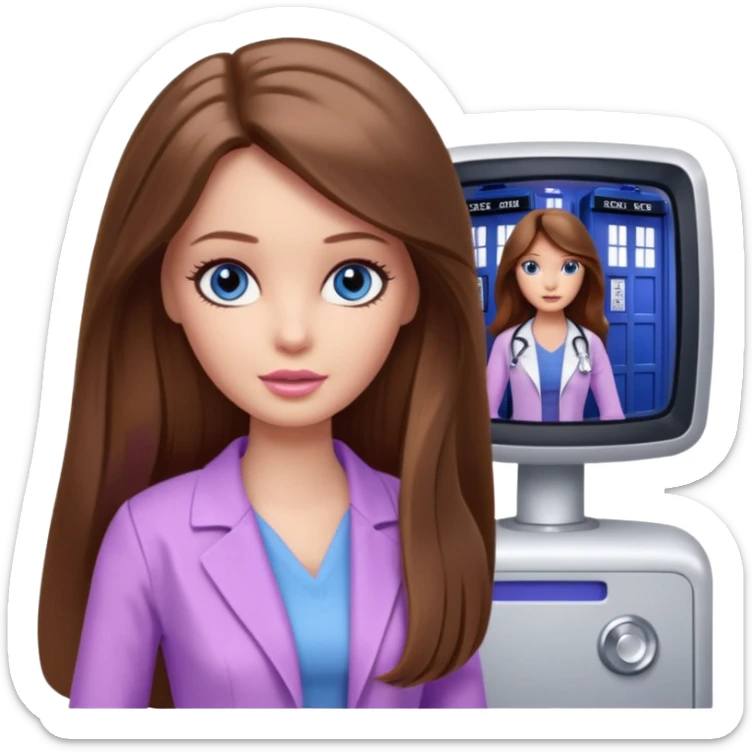 beautiful barbie girl with long brown hair, blue eyes and wearing light purple clothes watching dr who on tv sticker