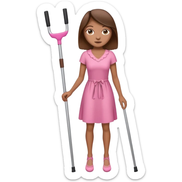 A woman with crutches , a pink dress brown hair and brown eyes sticker