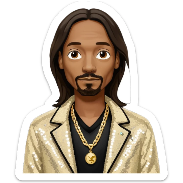 Snoop Dogg with long dark brown hair, ivory sequin jacket, black shirt with necklace sticker