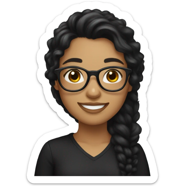 girl wearing black clothes, with long black slight curlyhair, glasses, smile,  sticker