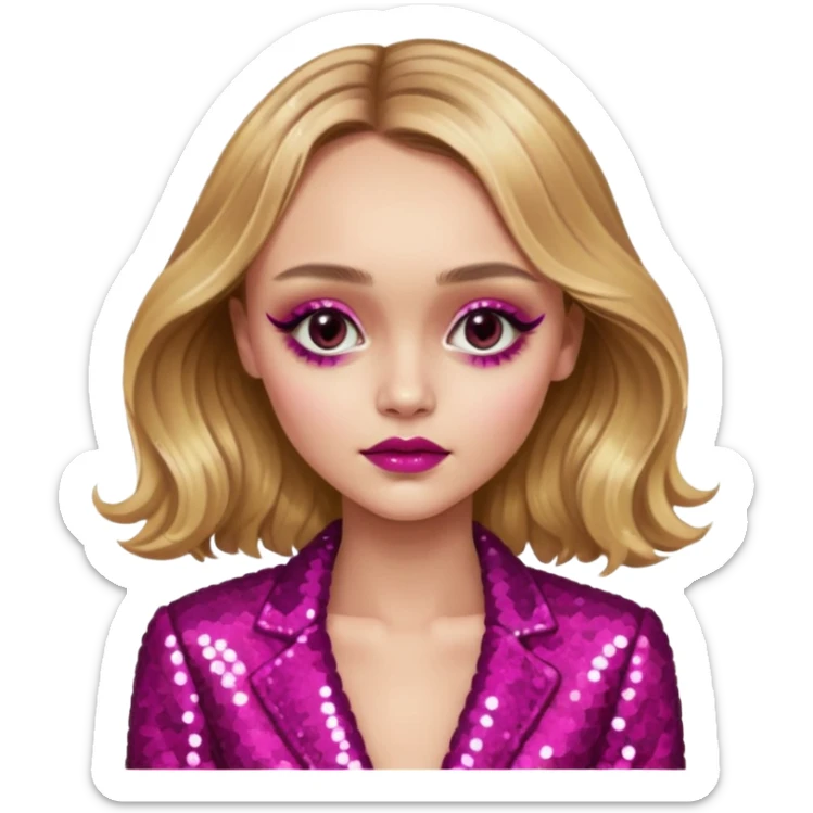 Lily-Rose Depp with long golden blonde hair, dark pink sequin outfit, makeup sticker