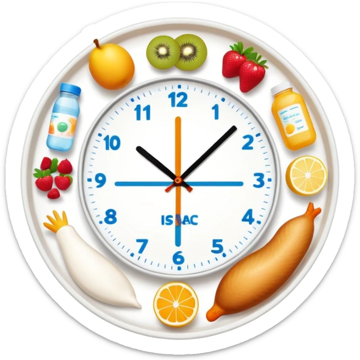 Daily fitness nutrition schedule with water bottle, sun, chicken and rice plate, gym equipment, yogurt, fruit, and sleep symbol arranged in a circle like a clock sticker
