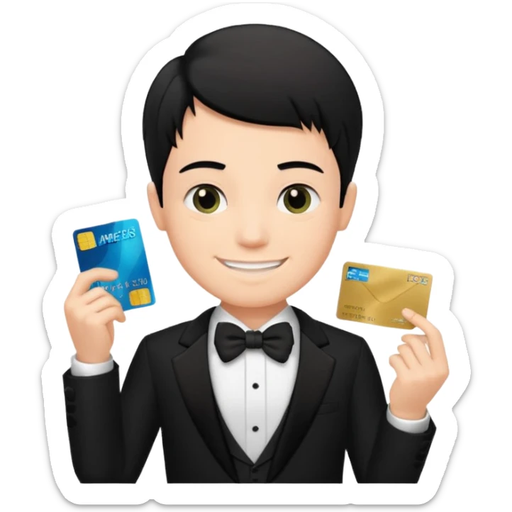 make a genmoji of a boy with a an amex card in hand and wearing a tux, black hair sticker