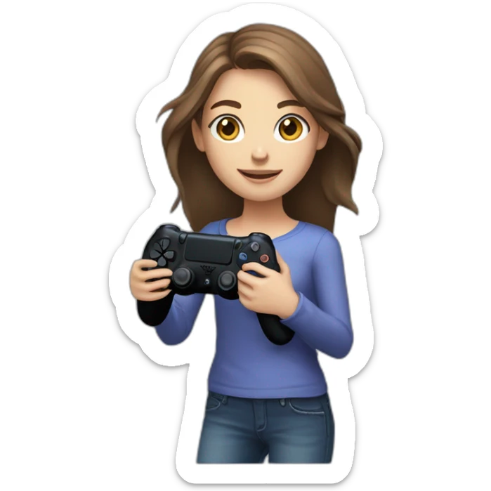 Caucasian Girl with long Brown hair holding a playstation 4 controller as she was playing looking at a screen sticker