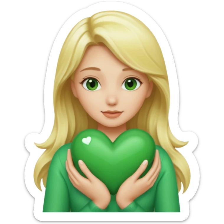 A hug emoji of a blonde women that hugs a green hearth sticker